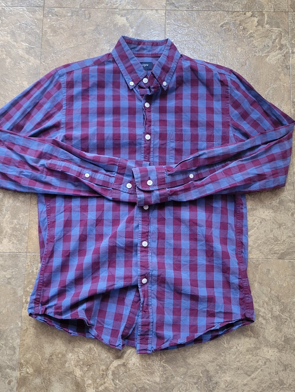 J.Crew Factory Button Down Shirt Mens Small S Blue Burgundy Long Sleeve Check